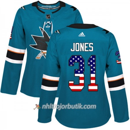 Dame Ishockey San Jose Sharks Tröja Martin Jones 31 Adidas 2017-2018 Teal USA Flag Fashion Authentic